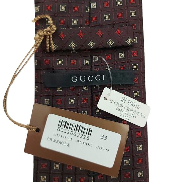 Gucci Tie Mens Red 100% Silk Narrow Geometric Meadow Luxury Designer Italy - Picture 8 of 12